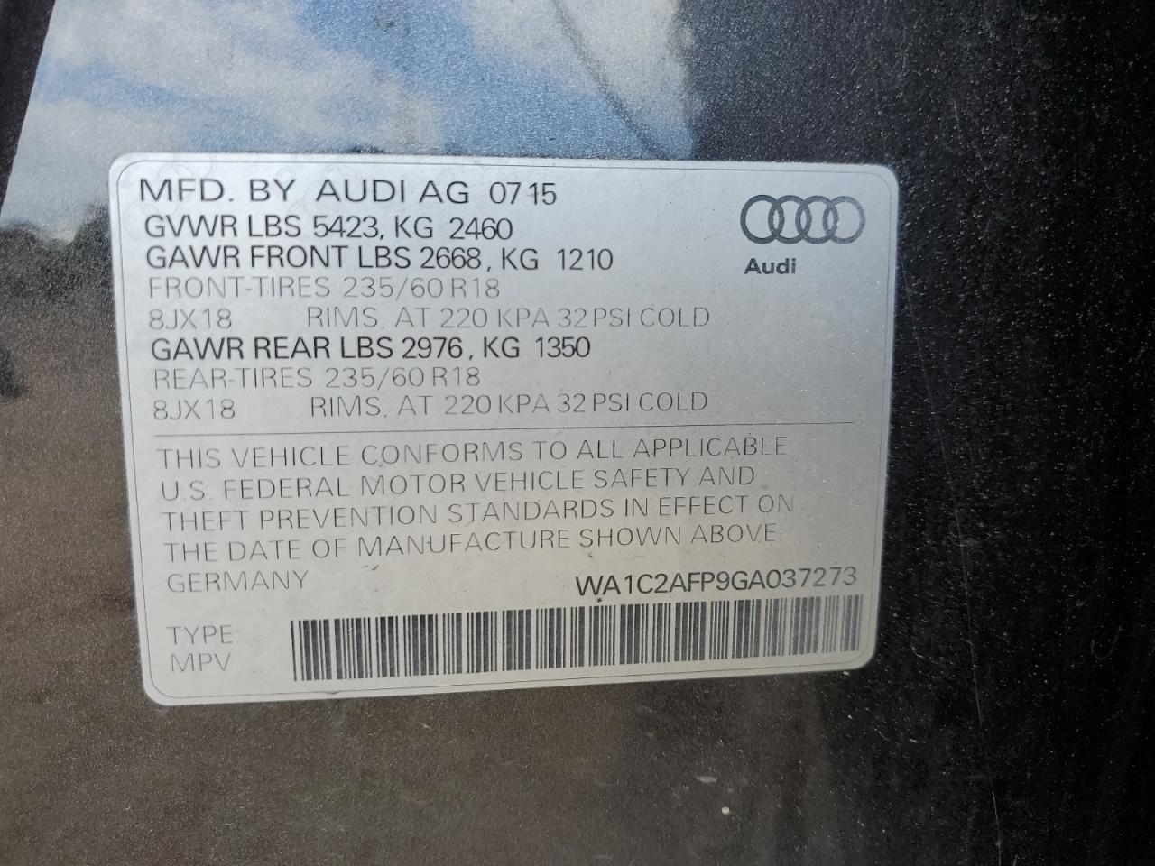 WA1C2AFP9GA037273 2016 Audi Q5 Premium