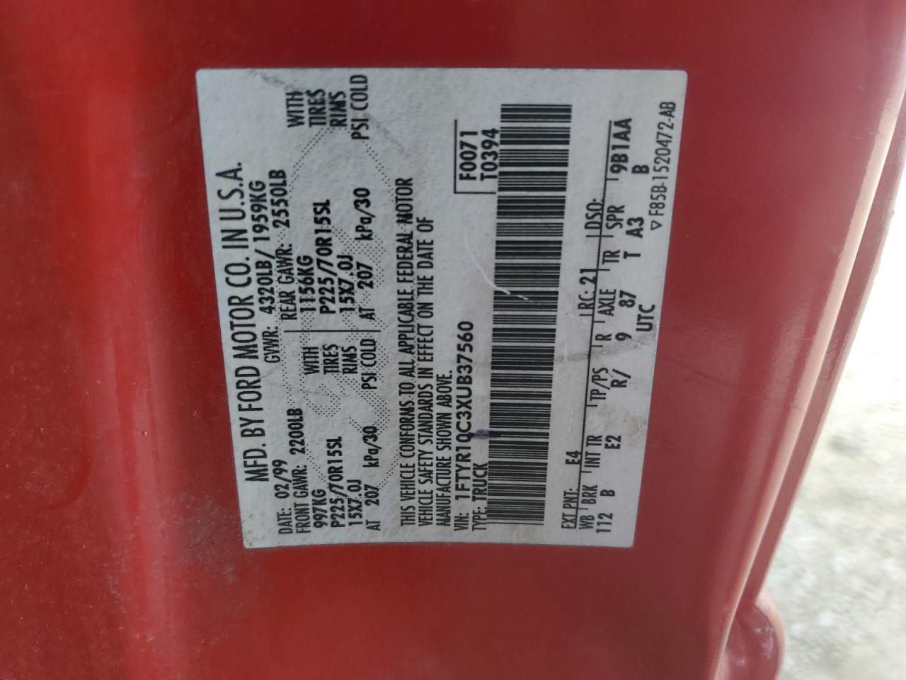 1FTYR10C3XUB37560 1999 Ford Ranger