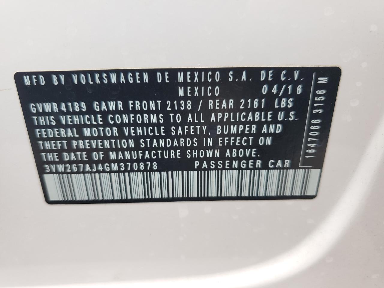 3VW267AJ4GM370878 2016 Volkswagen Jetta S