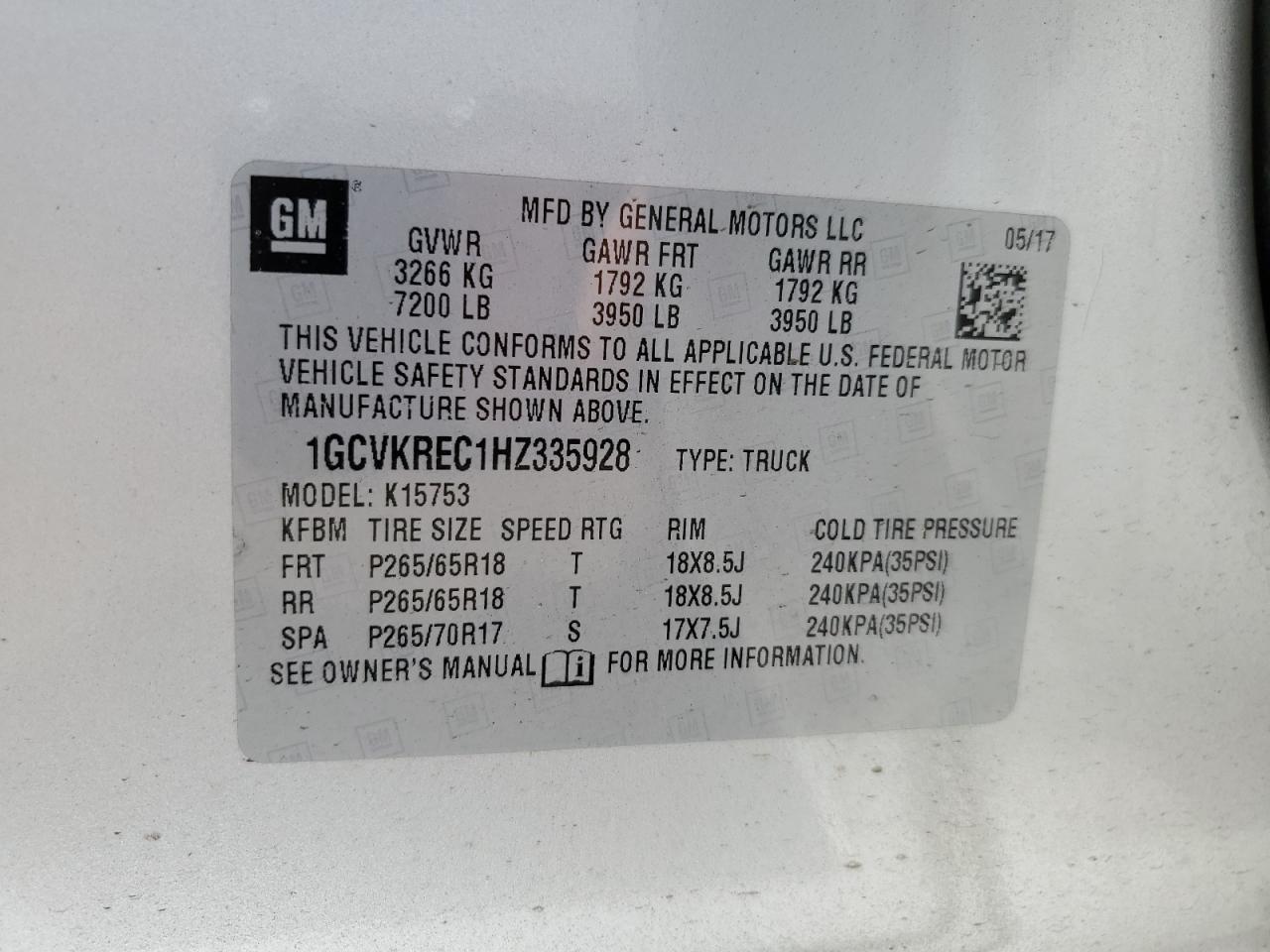 1GCVKREC1HZ335928 2017 Chevrolet Silverado K1500 Lt