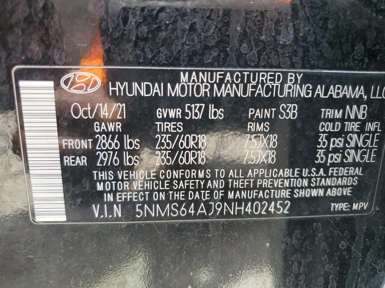 5NMS64AJ9NH402452 2022 Hyundai Santa Fe Sel