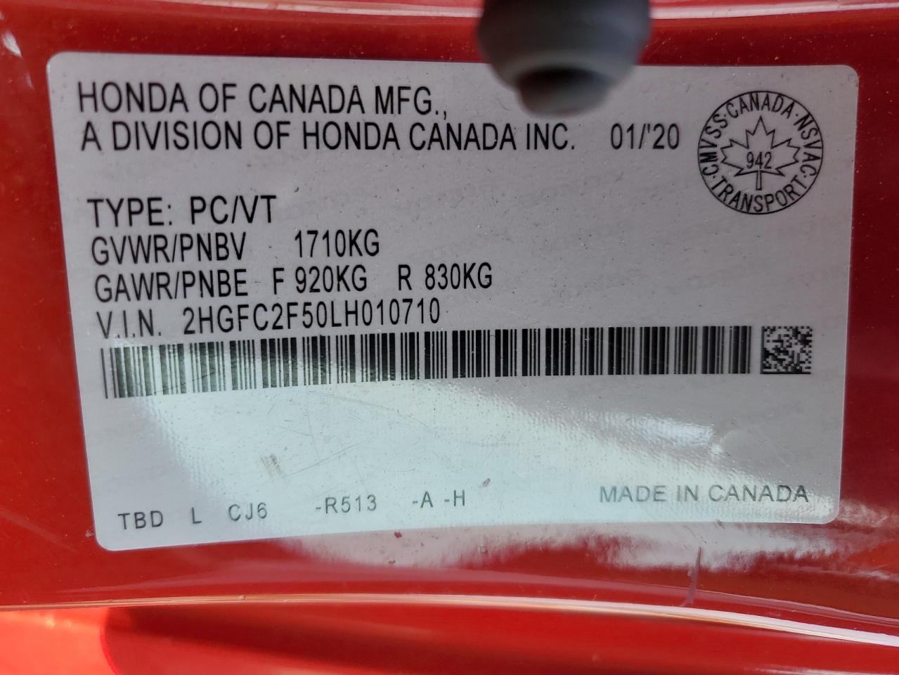 2HGFC2F50LH010710 HONDA CIVIC 2020