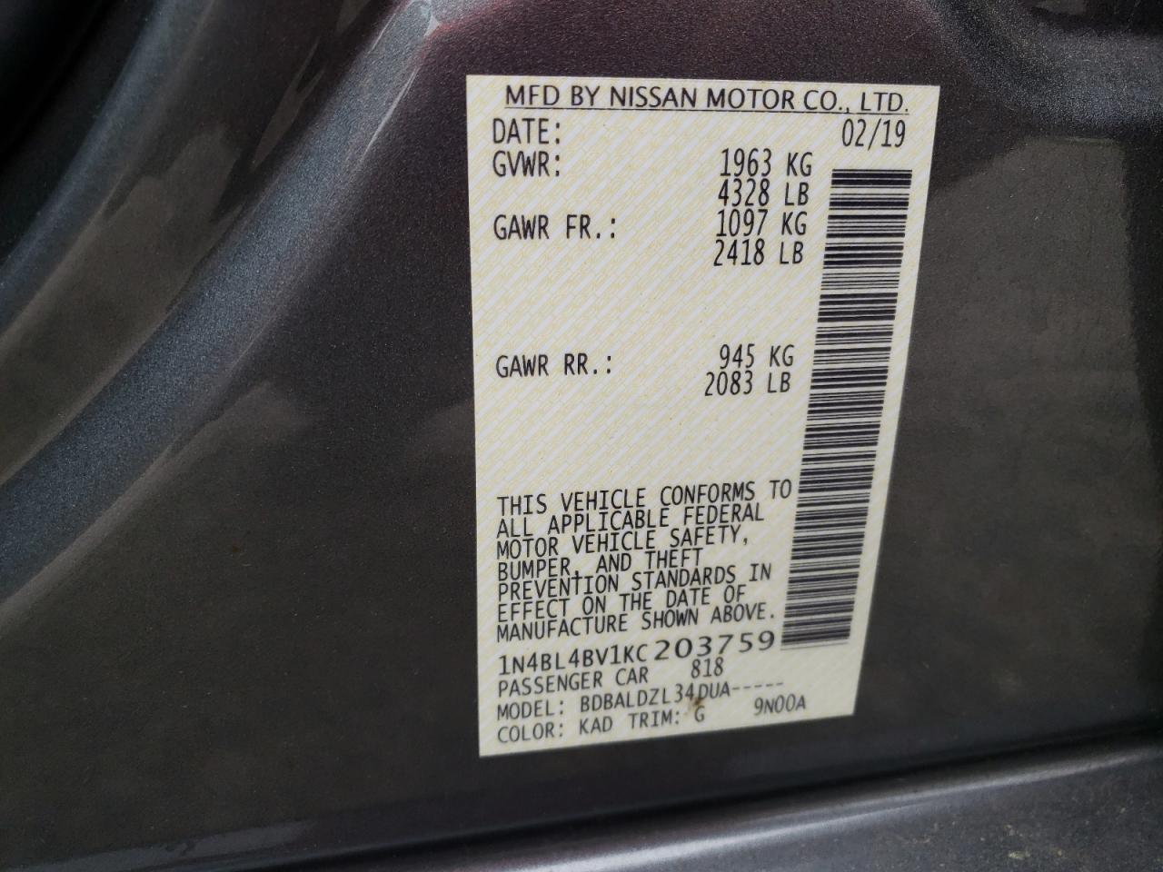 Lot #3030645114 2019 NISSAN ALTIMA S