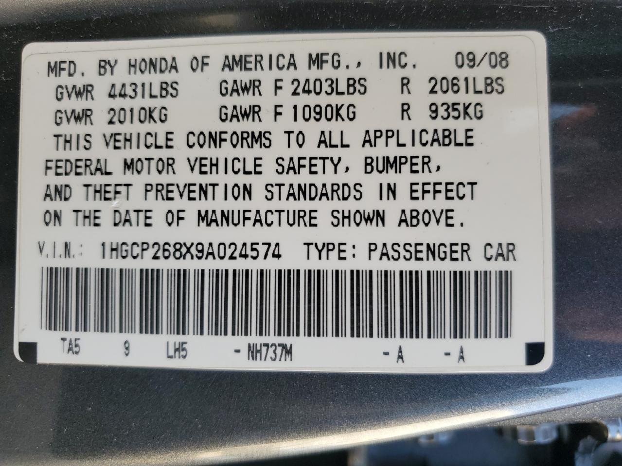 1hgcp268x9a024574 1HGCP268X9A024574 2009 Honda Accord Exl