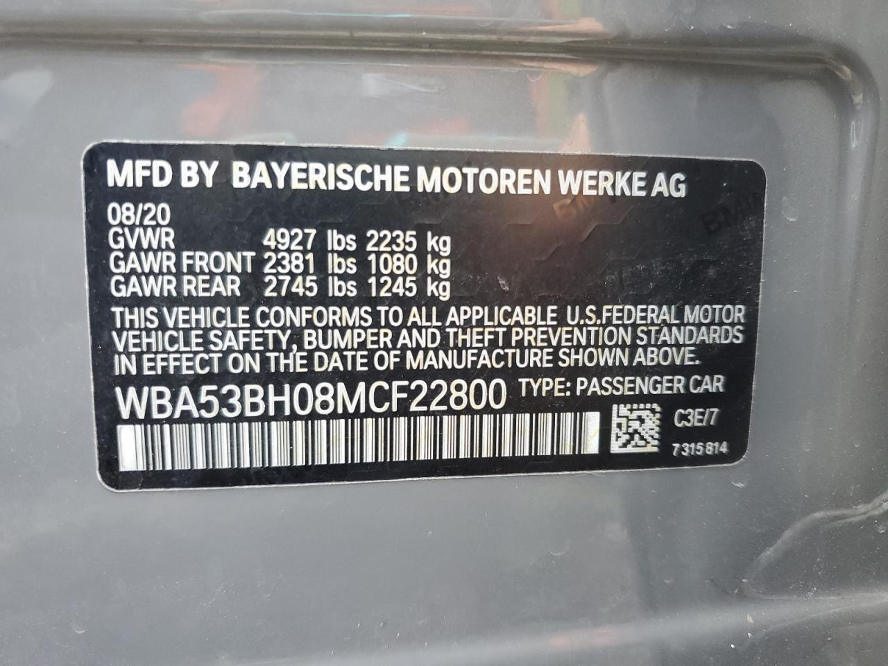 WBA53BH08MCF22800 2021 BMW 530 I