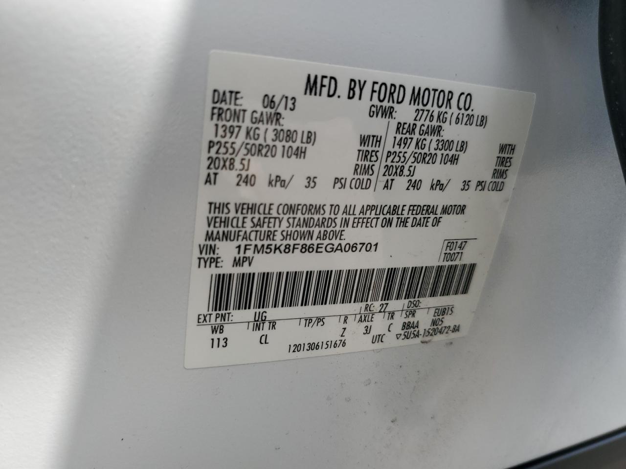 1FM5K8F86EGA06701 2014 Ford Explorer Limited