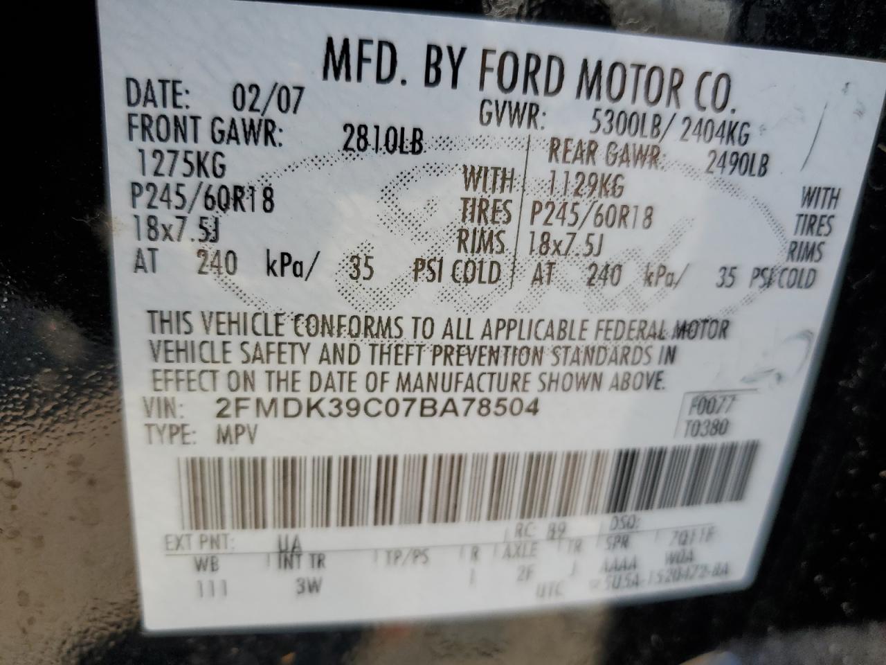 2FMDK39C07BA78504 2007 Ford Edge Sel Plus