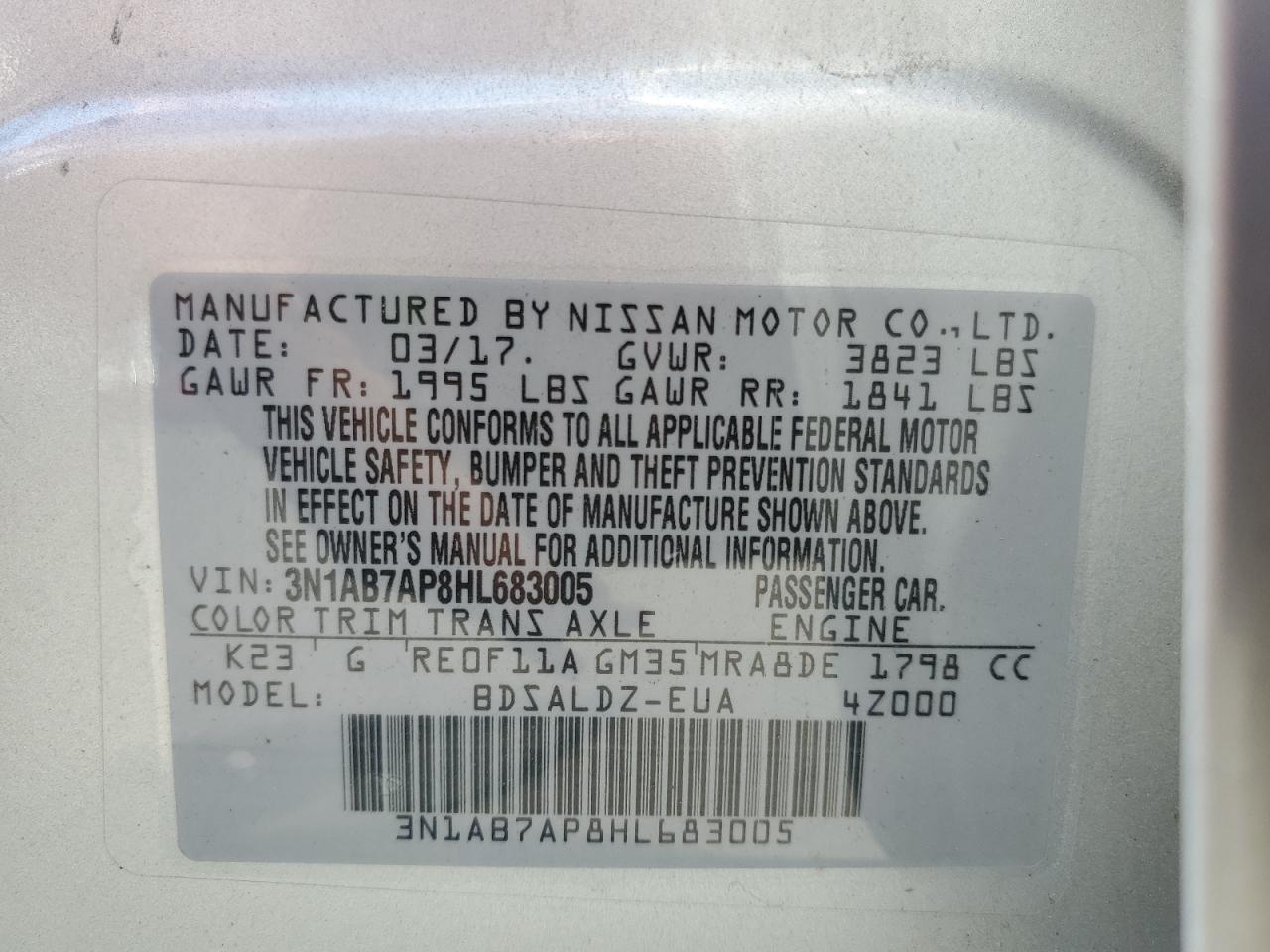 3N1AB7AP8HL683005 2017 Nissan Sentra S