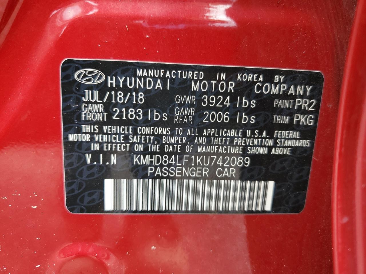 KMHD84LF1KU742089 2019 Hyundai Elantra Sel