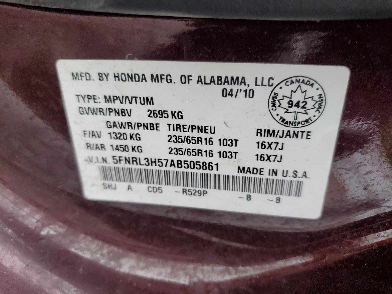 5FNRL3H57AB505861 2010 Honda Odyssey Ex
