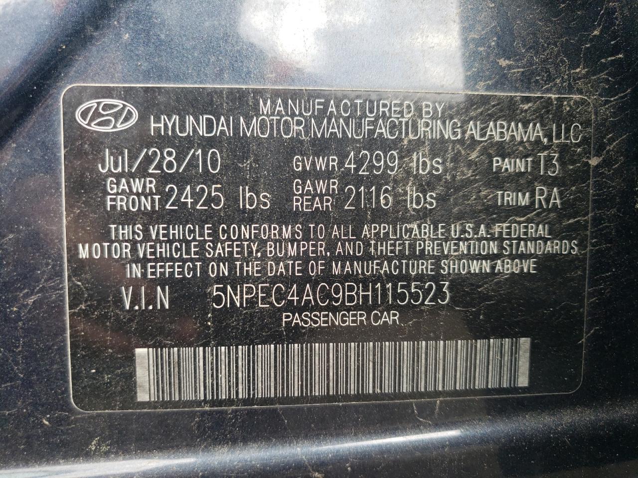 5NPEC4AC9BH115523 2011 Hyundai Sonata Se