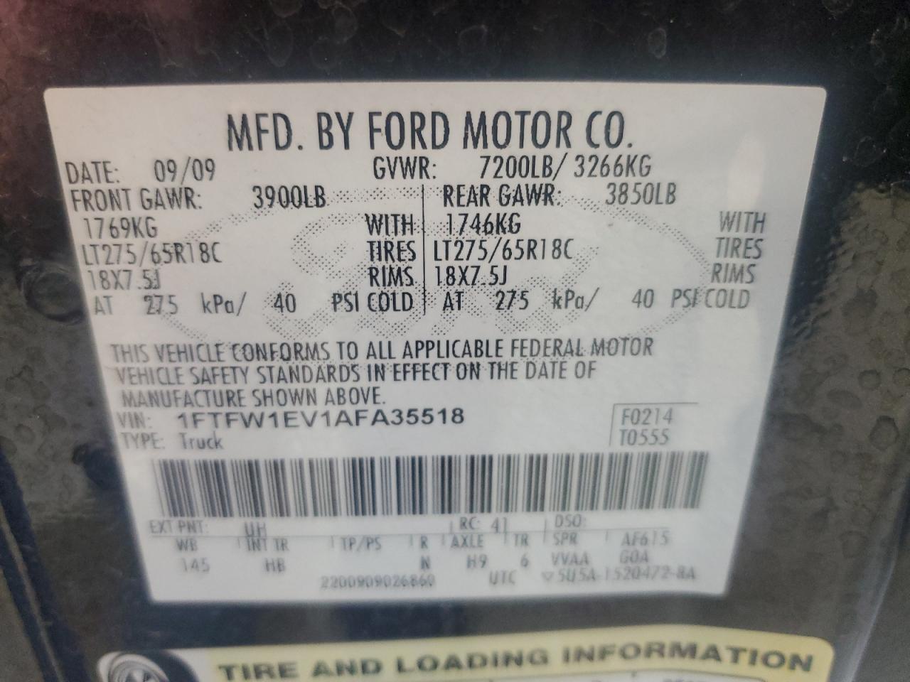 1FTFW1EV1AFA35518 2010 Ford F150 Supercrew