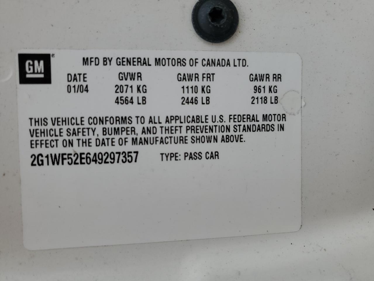 2G1WF52E649297357 2004 Chevrolet Impala