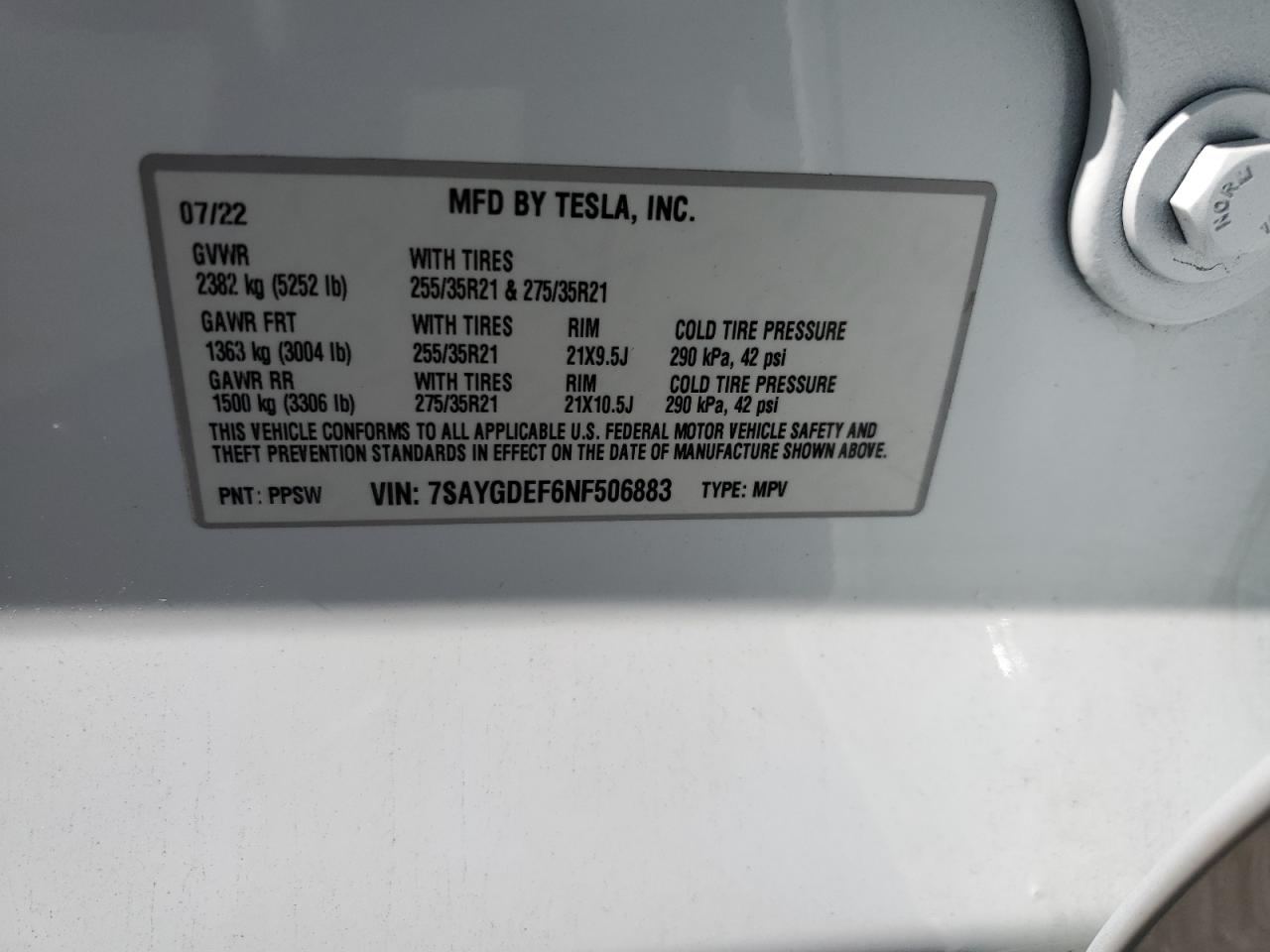 7SAYGDEF6NF506883 2022 Tesla Model Y