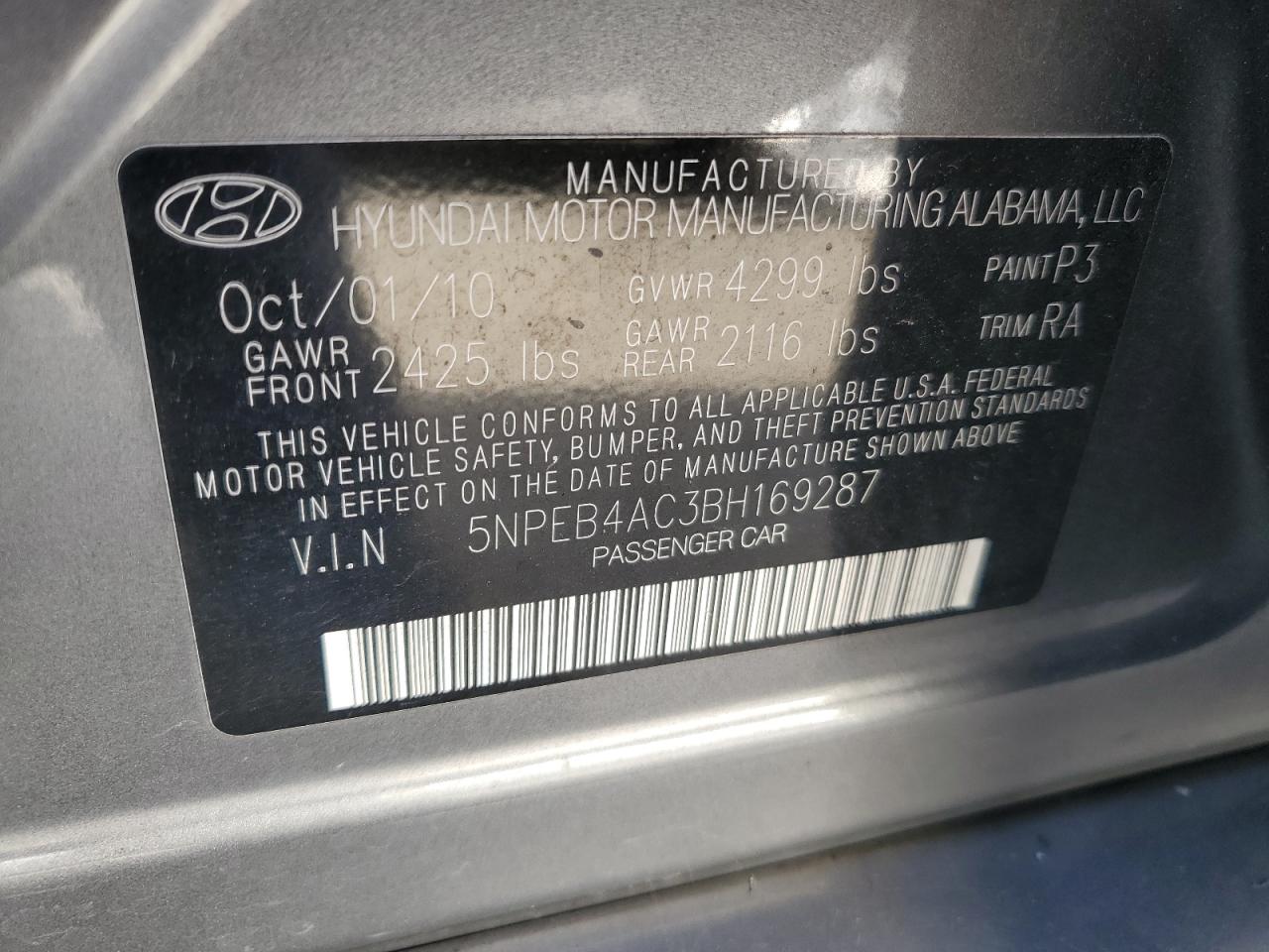 5NPEB4AC3BH169287 2011 Hyundai Sonata Gls
