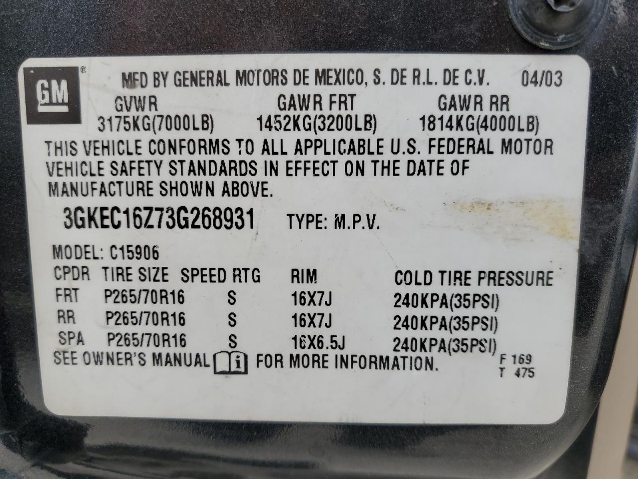 3GKEC16Z73G268931 2003 GMC Yukon Xl C1500