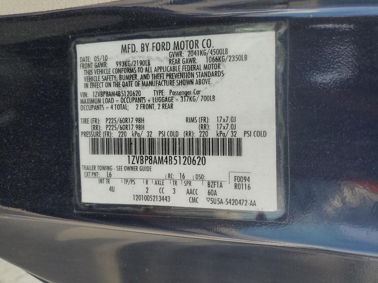 1ZVBP8AM4B5120620 2011 Ford Mustang