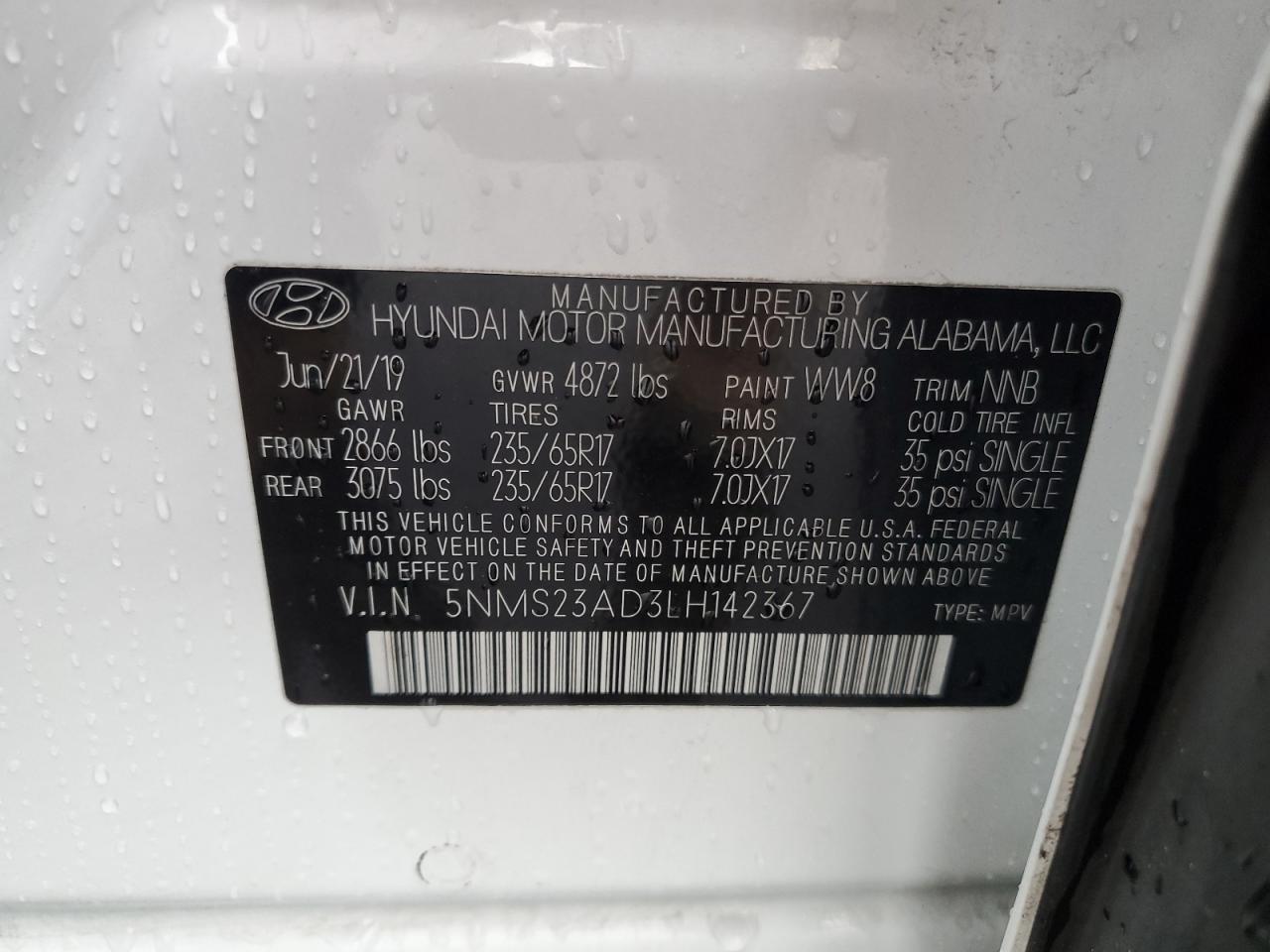 5NMS23AD3LH142367 2020 Hyundai Santa Fe Se