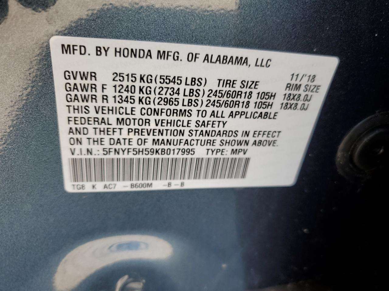 5FNYF5H59KB017995 2019 Honda Pilot Exl