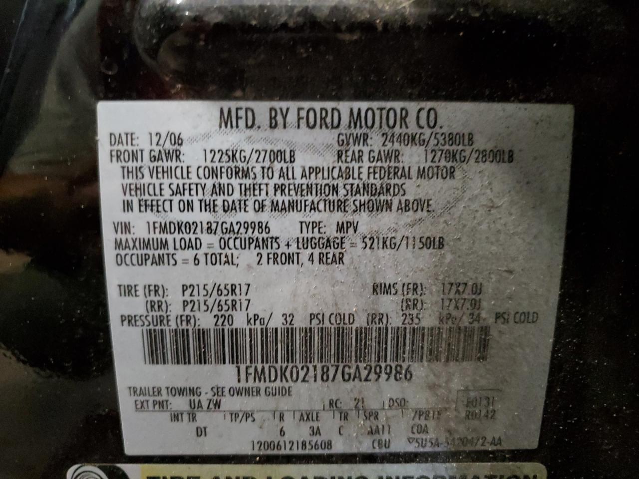 1FMDK02187GA29986 2007 Ford Freestyle Sel