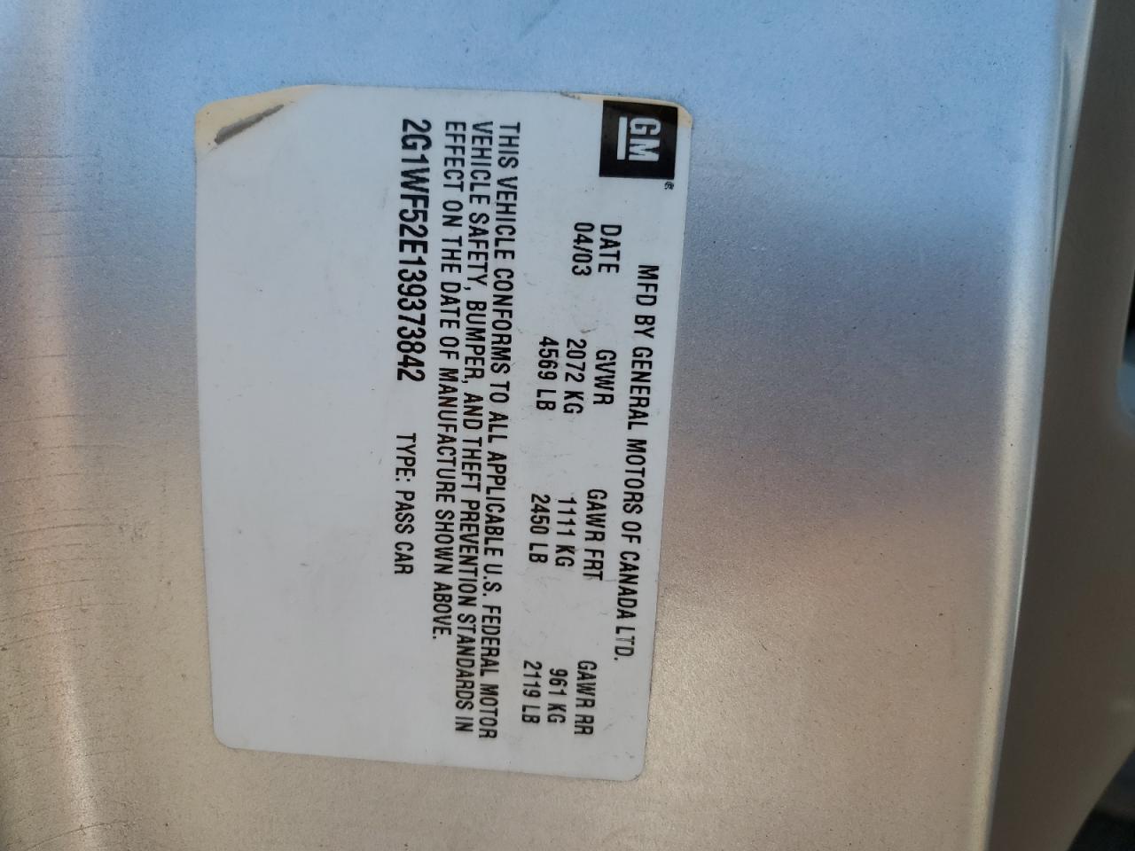 2G1WF52E139373842 2003 Chevrolet Impala