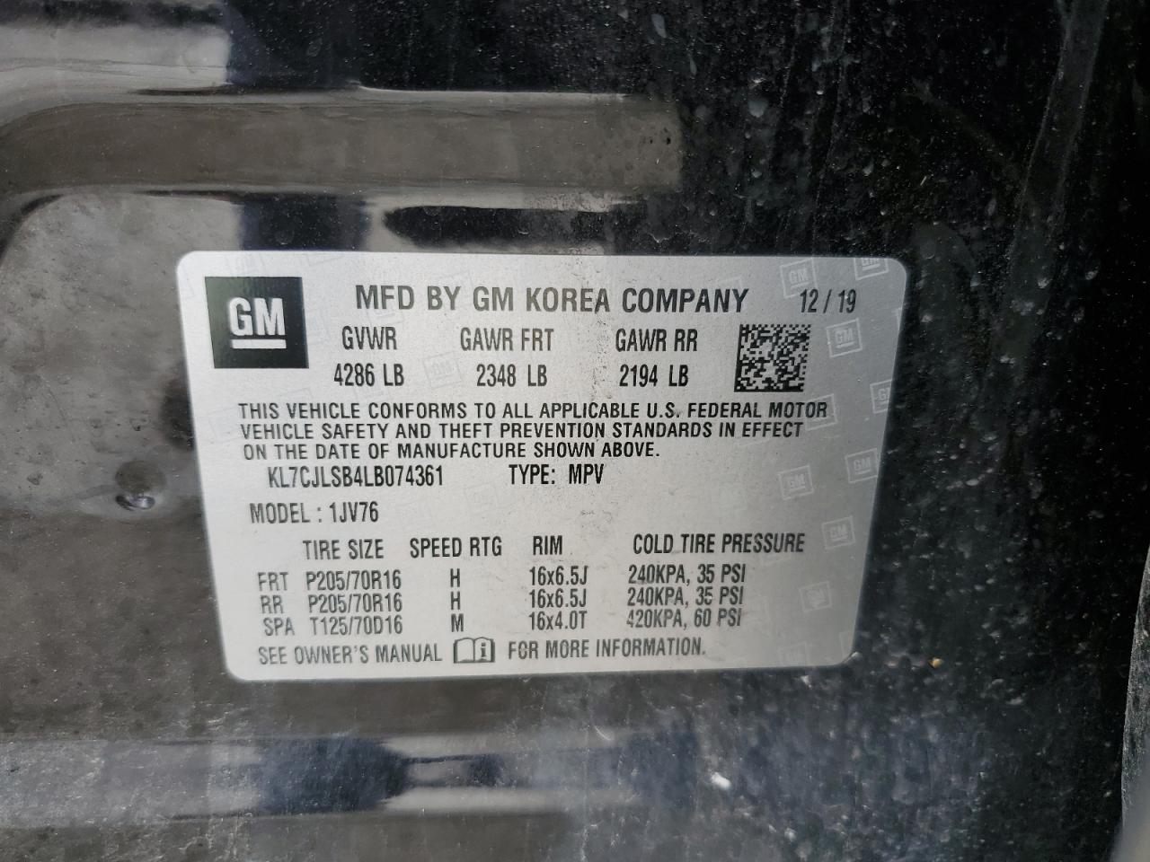 KL7CJLSB4LB074361 2020 Chevrolet Trax 1Lt