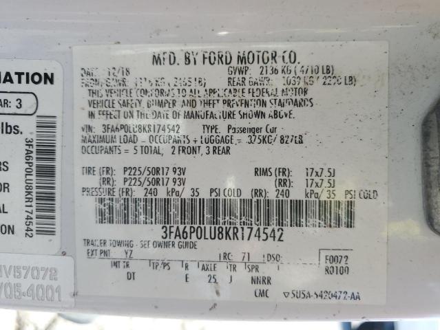 VIN 3FA6P0LU8KR174542 2019 Ford Fusion, SE no.12