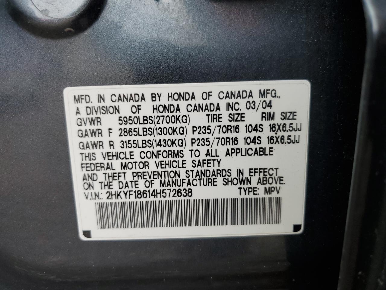 2HKYF18614H572638 2004 Honda Pilot Exl