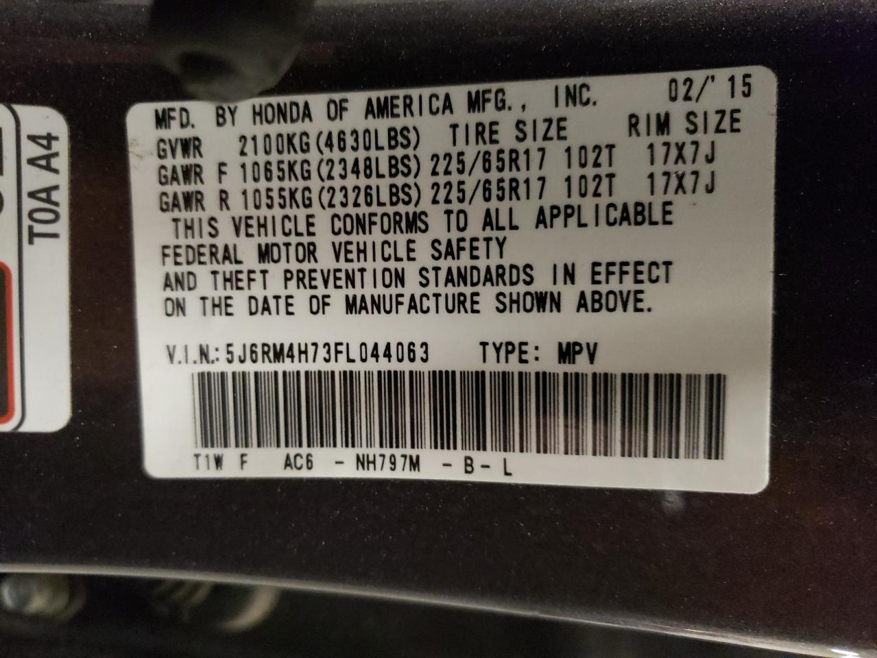 5J6RM4H73FL044063 2015 Honda Cr-V Exl
