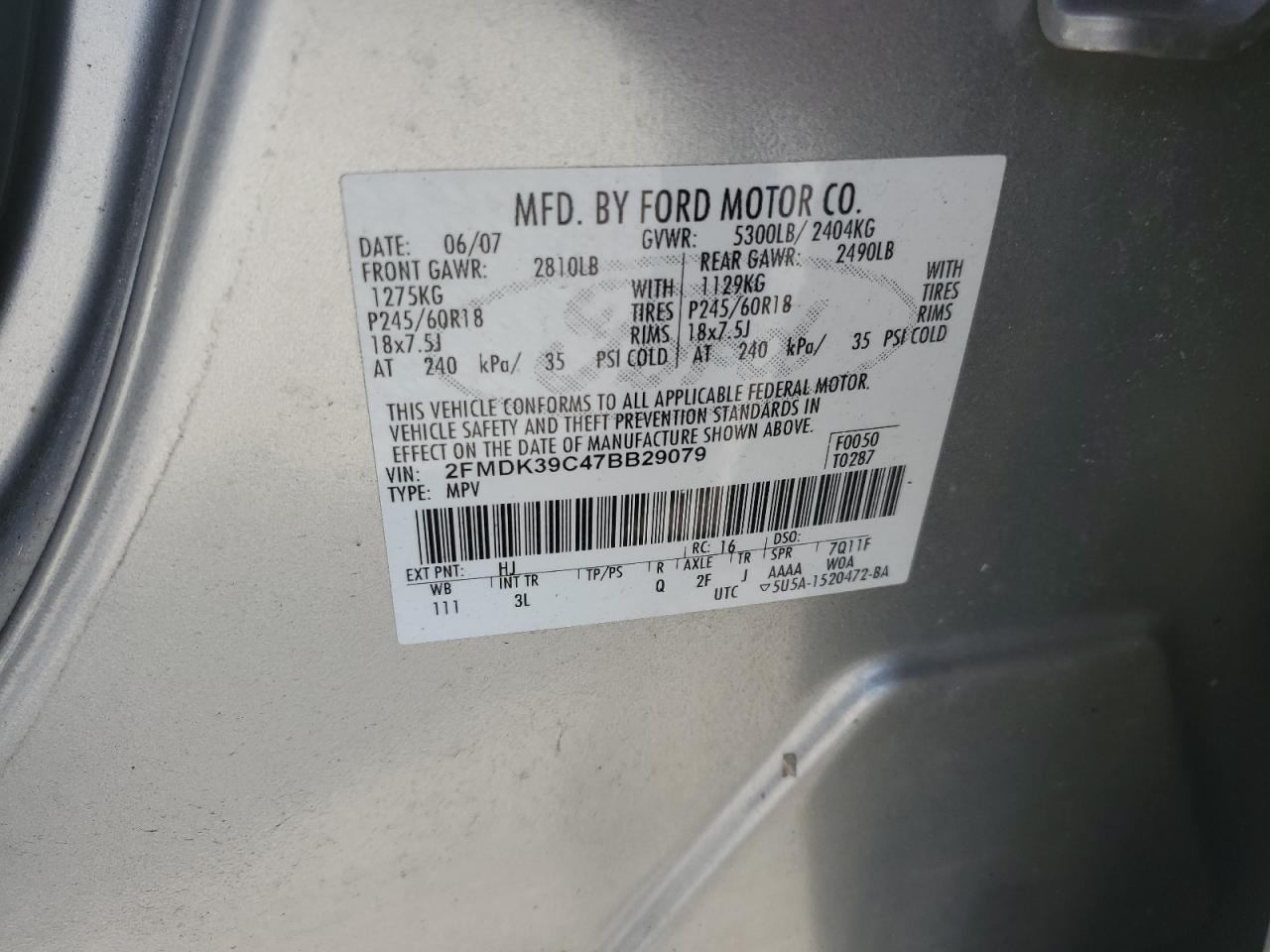 2FMDK39C47BB29079 2007 Ford Edge Sel Plus