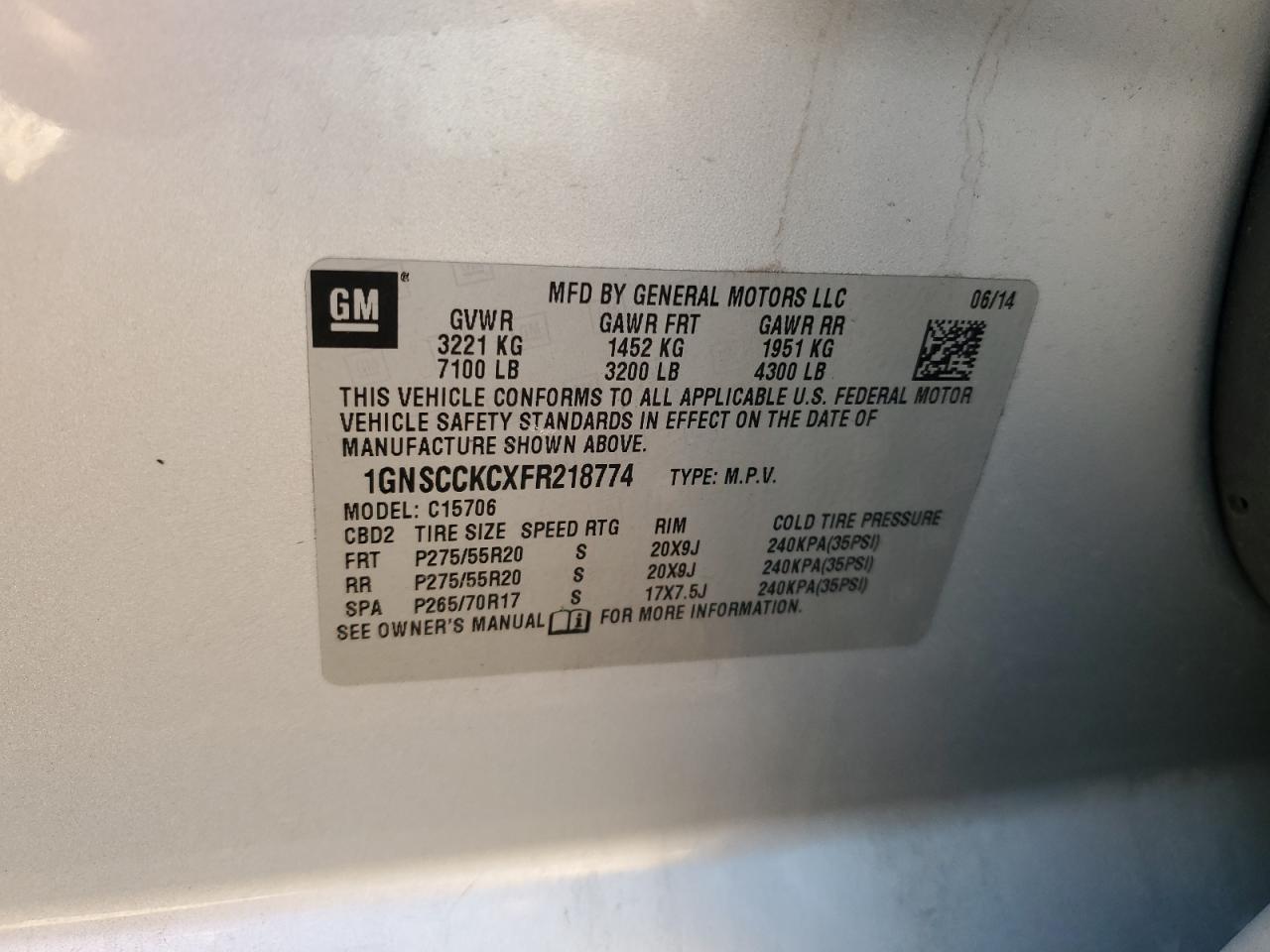 1GNSCCKCXFR218774 2015 Chevrolet Tahoe C1500 Ltz