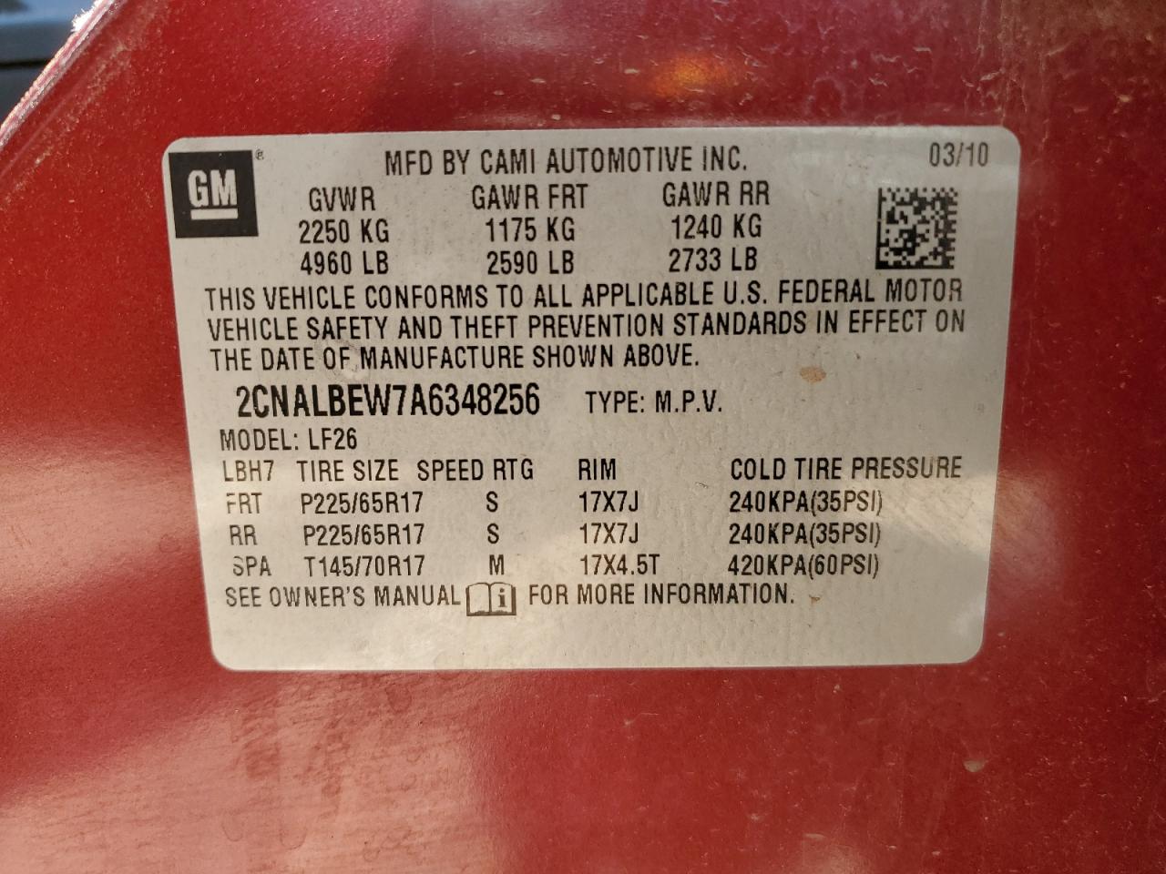 2CNALBEW7A6348256 2010 Chevrolet Equinox Ls