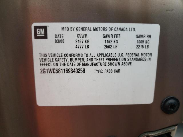 2006 Chevrolet Impala Lt VIN: 2G1WC581169340258 Lot: 60922154