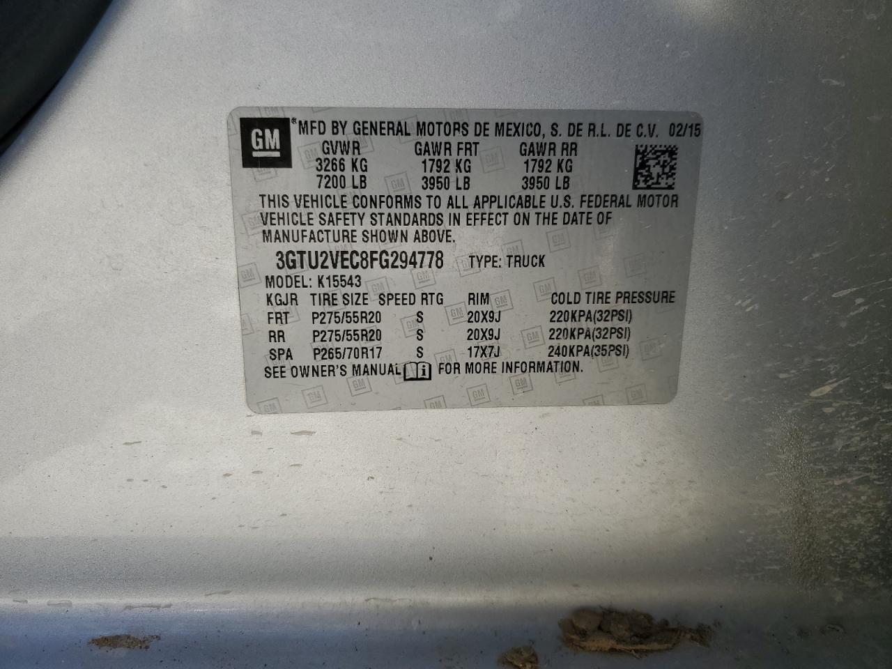 3GTU2VEC8FG294778 2015 GMC Sierra K1500 Slt