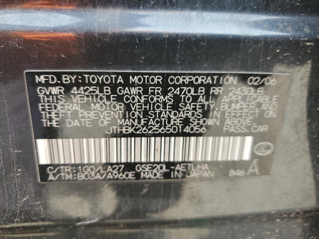 JTHBK262565014056 2006 Lexus Is 250