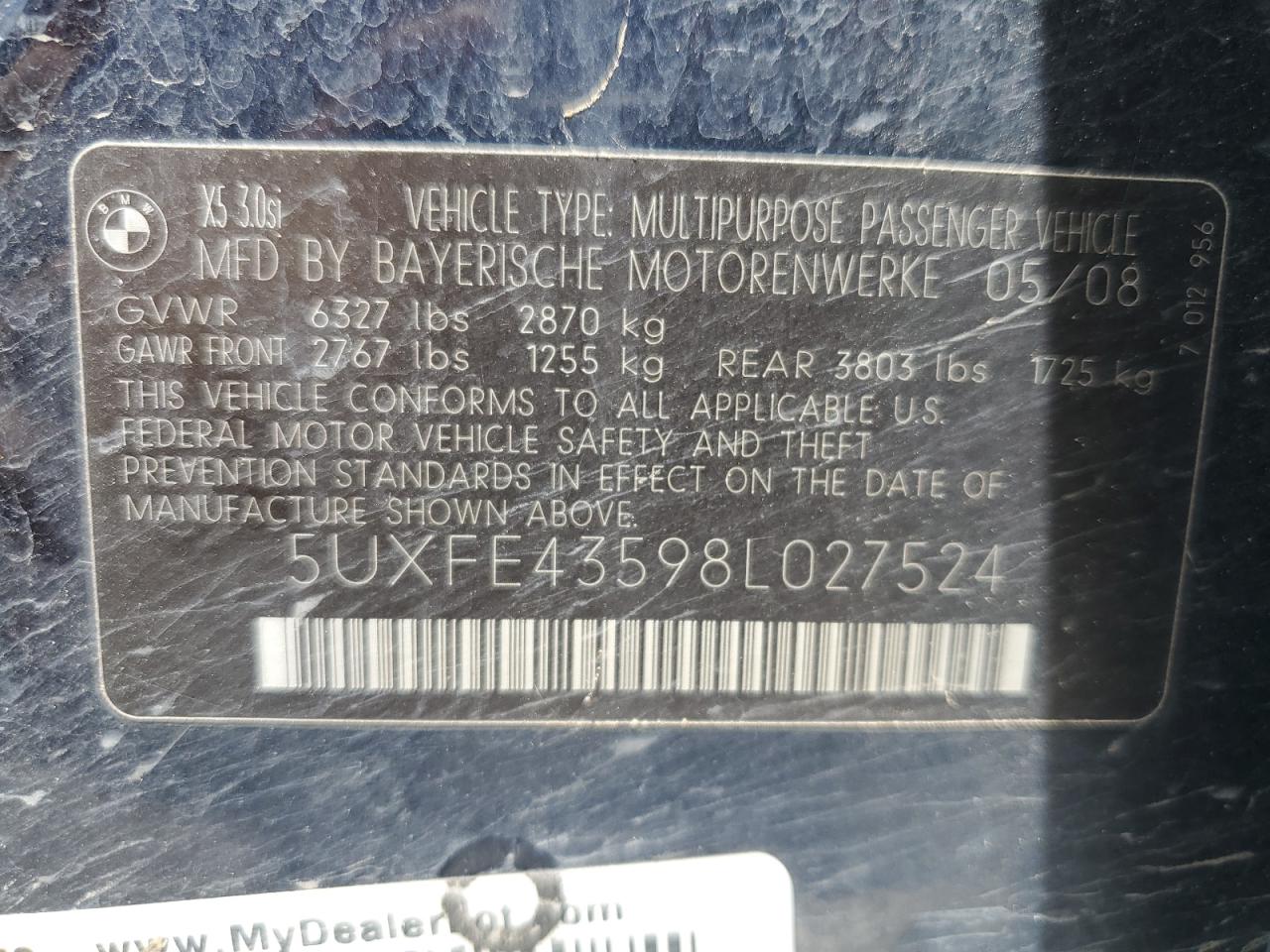 5UXFE43598L027524 2008 BMW X5 3.0I