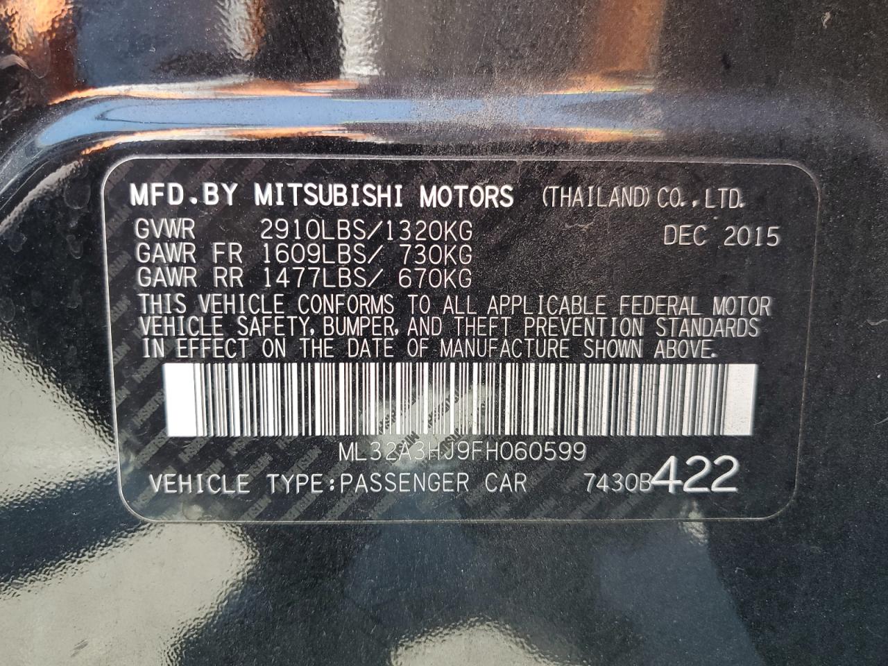 ML32A3HJ9FH060599 2015 Mitsubishi Mirage De