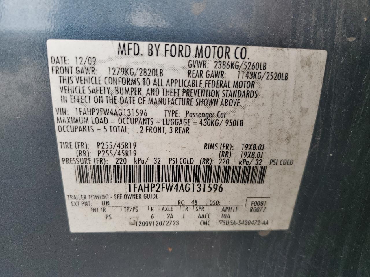 1FAHP2FW4AG131596 2010 Ford Taurus Limited