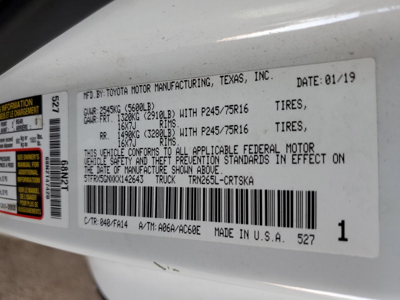 5TFRX5GNXKX142643 2019 Toyota Tacoma Access Cab