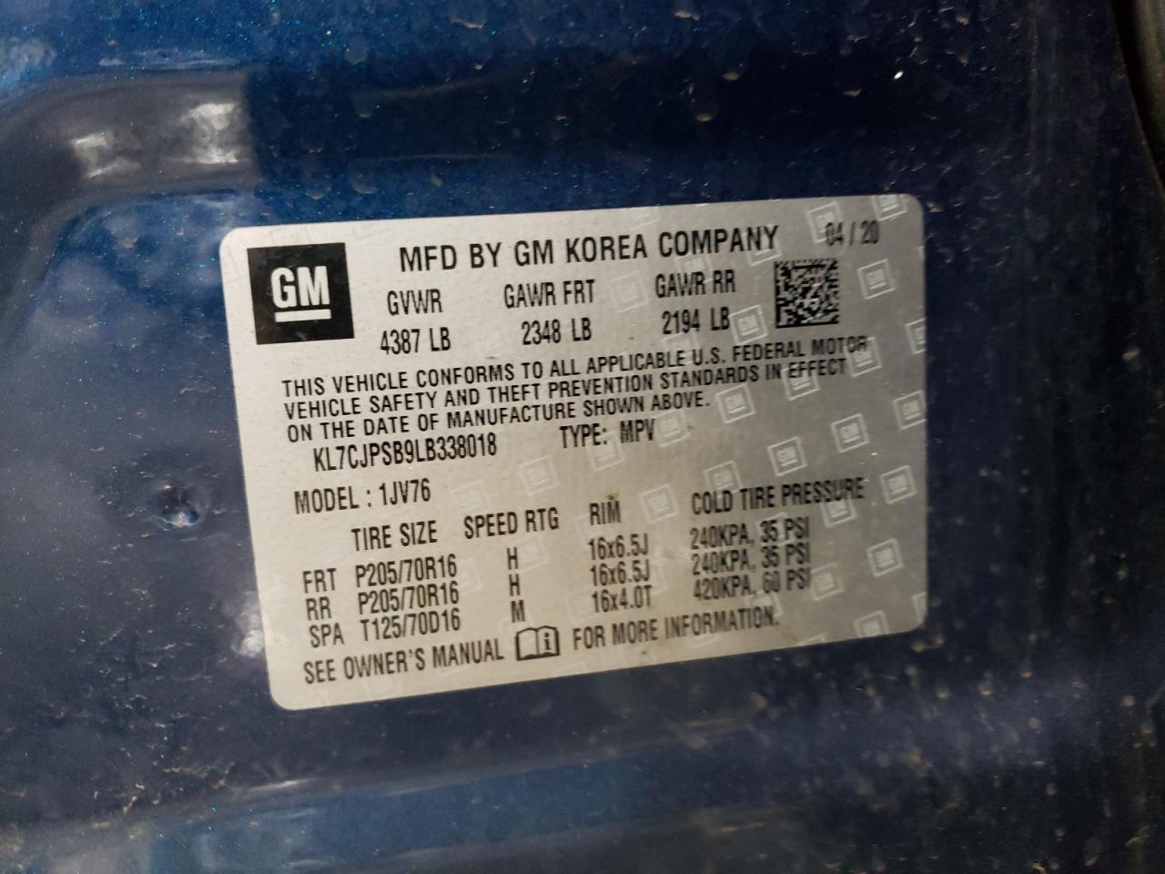 KL7CJPSB9LB338018 2020 Chevrolet Trax 1Lt