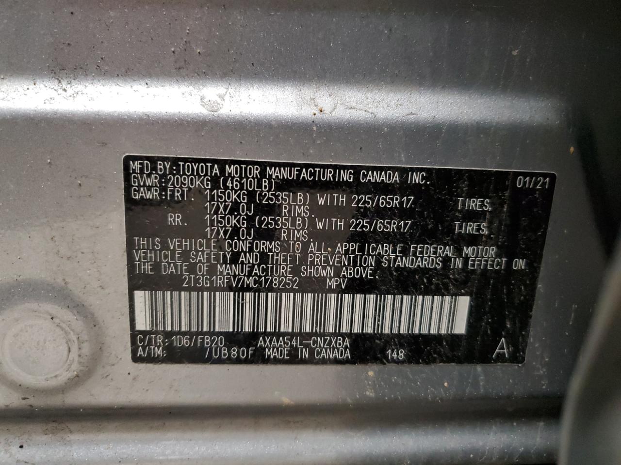 2T3G1RFV7MC178252 2021 Toyota Rav4 Le