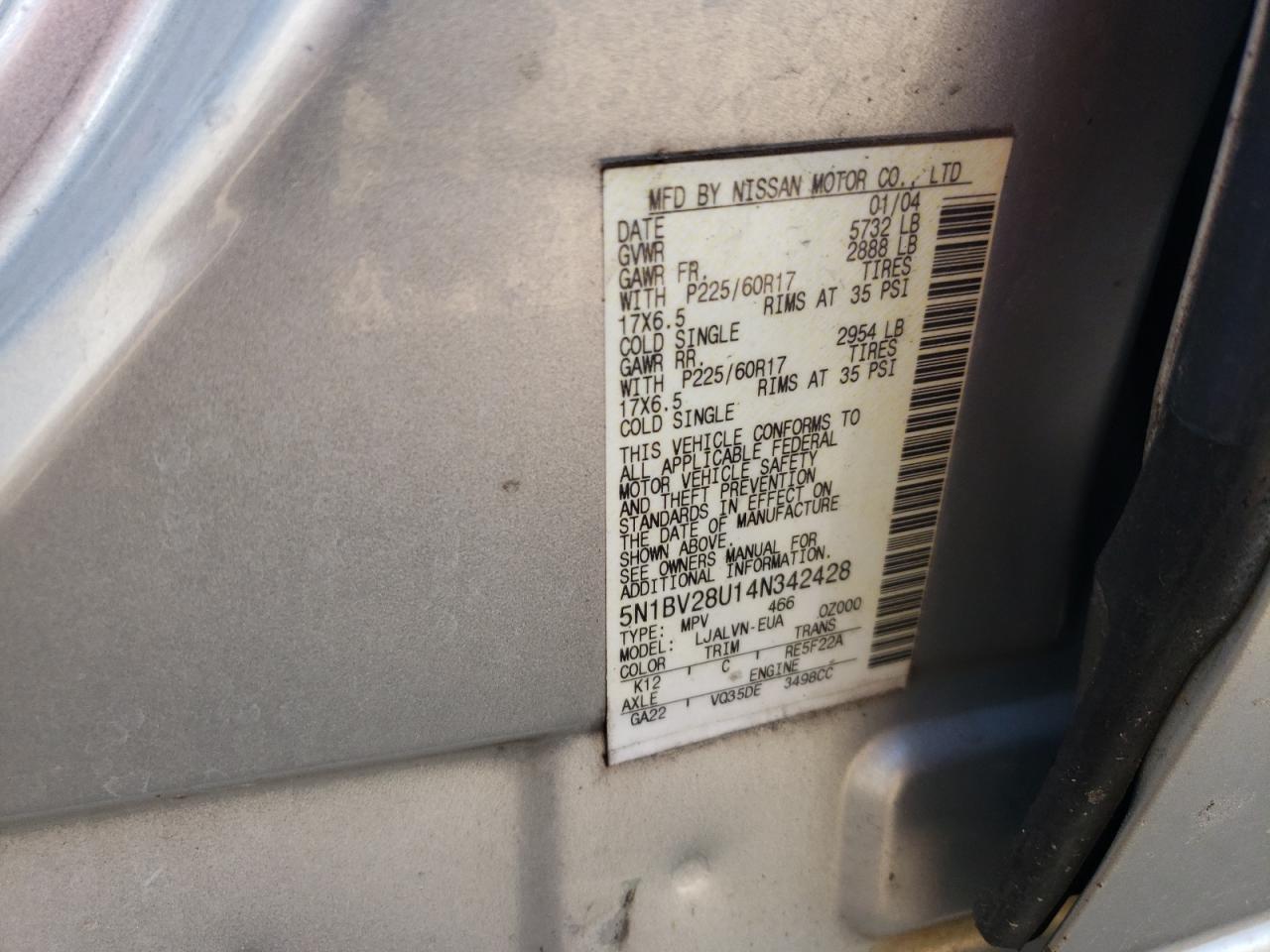 5N1BV28U14N342428 2004 Nissan Quest S