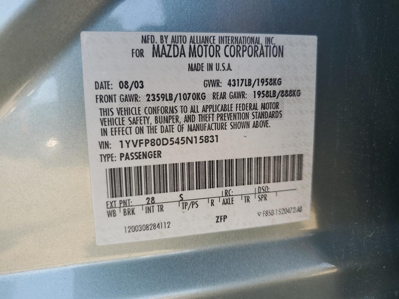 1YVFP80D545N15831 2004 Mazda 6 S
