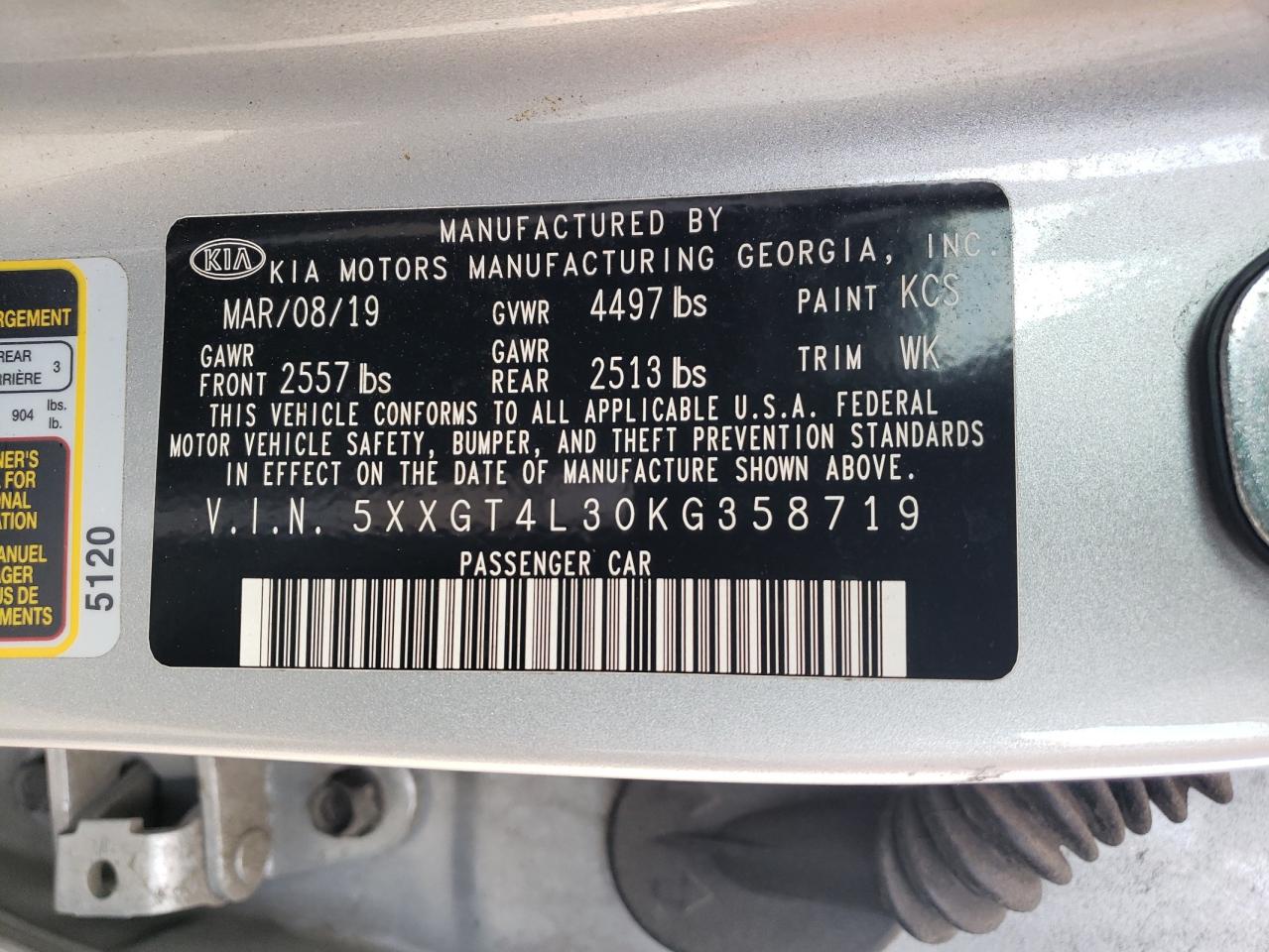 5XXGT4L30KG358719 2019 Kia Optima Lx