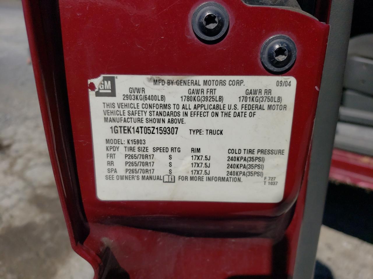 1GTEK14T05Z159307 2005 GMC New Sierra K1500