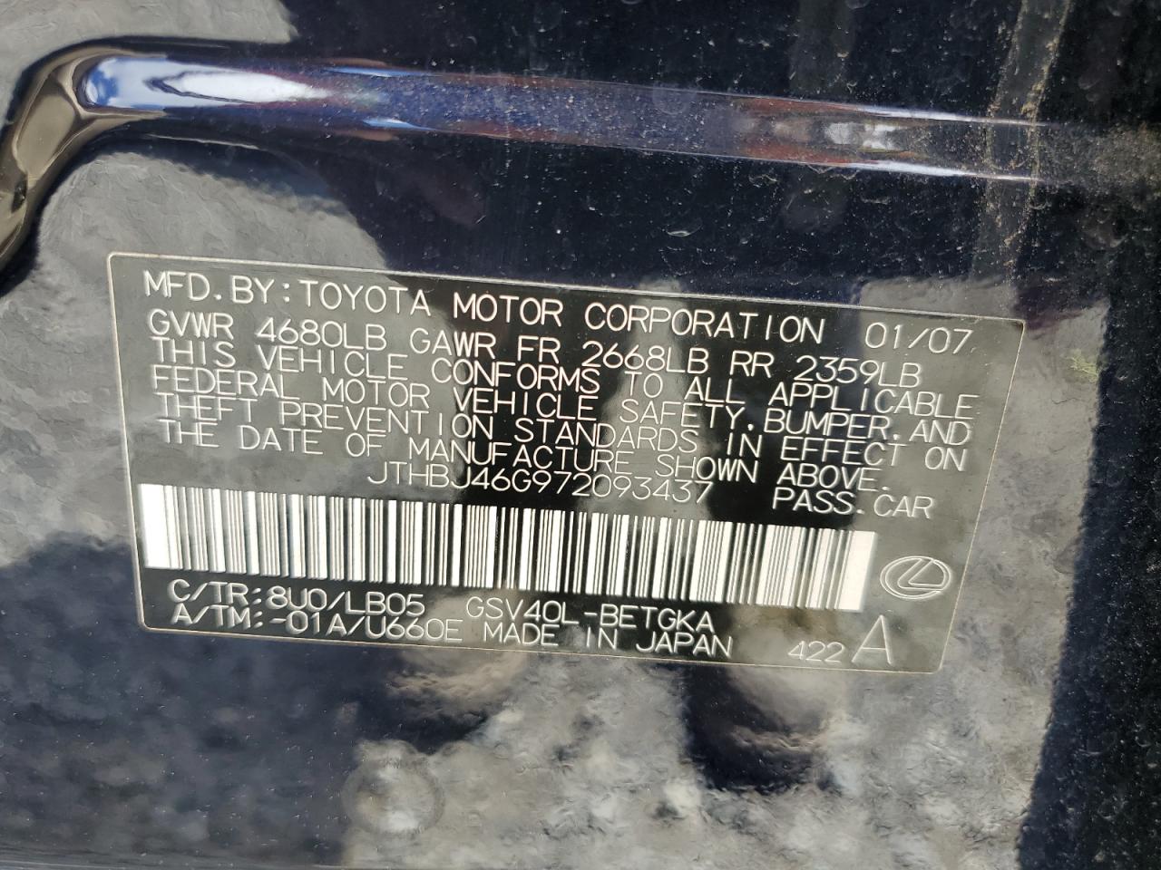 JTHBJ46G972093437 2007 Lexus Es 350