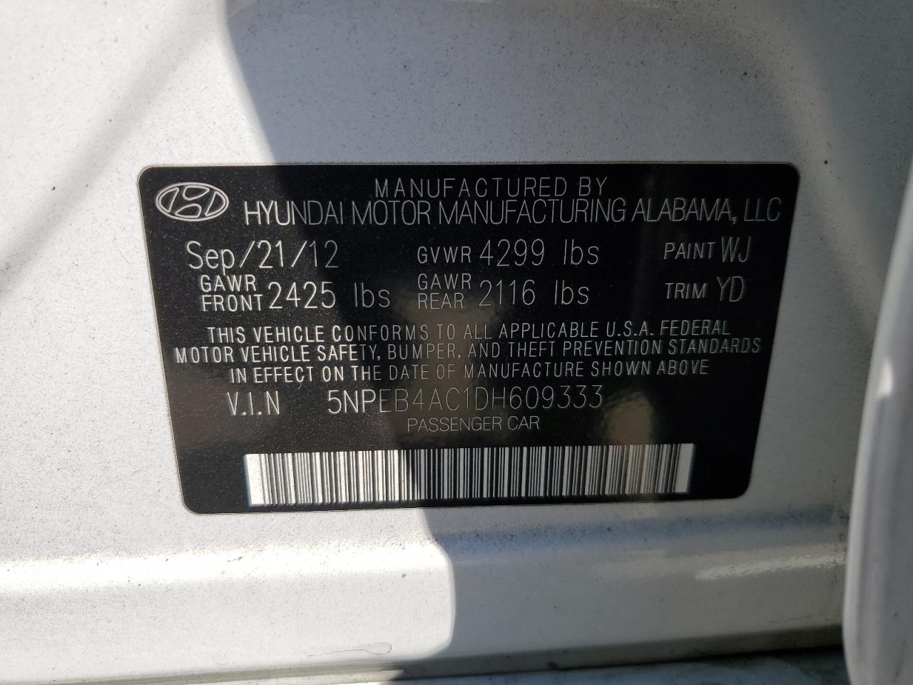 5NPEB4AC1DH609333 2013 Hyundai Sonata Gls