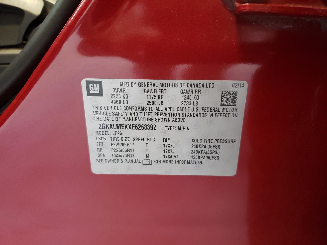 2GKALMEKXE6268392 2014 GMC Terrain Sle