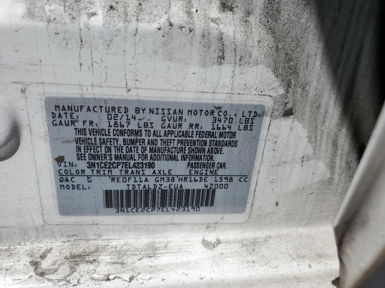 3N1CE2CP7EL423190 2014 Nissan Versa Note S