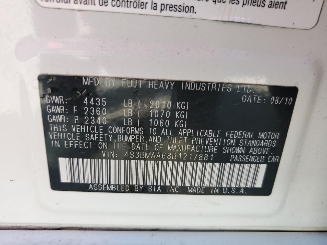 4S3BMAA68B1217881 2011 Subaru Legacy 2.5I